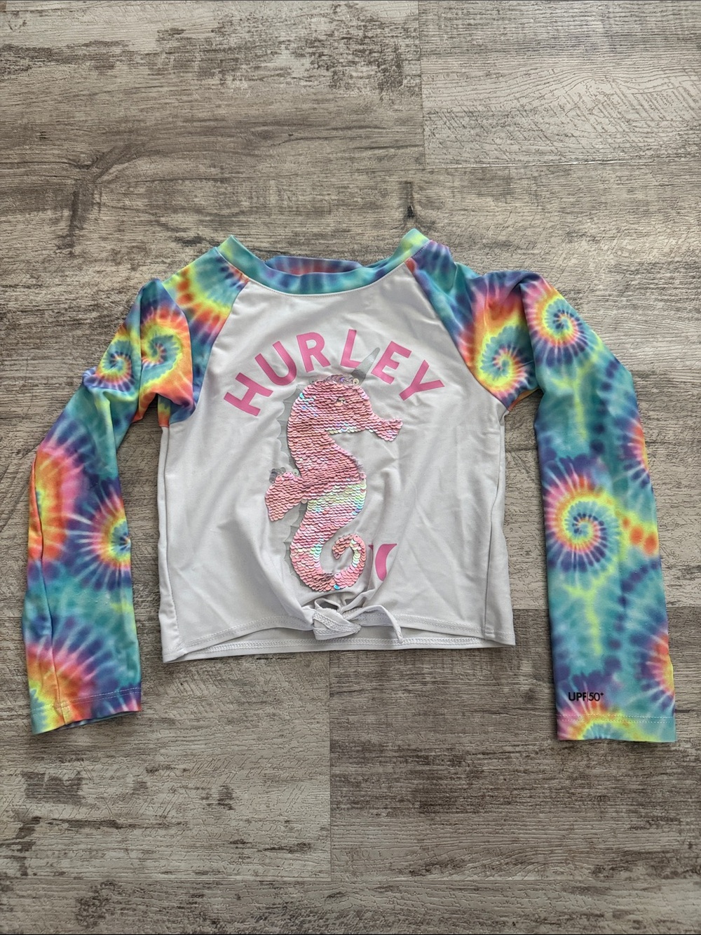 Hurley Girls White Rash Guard with Rainbow Tie-Dye Sleeves
